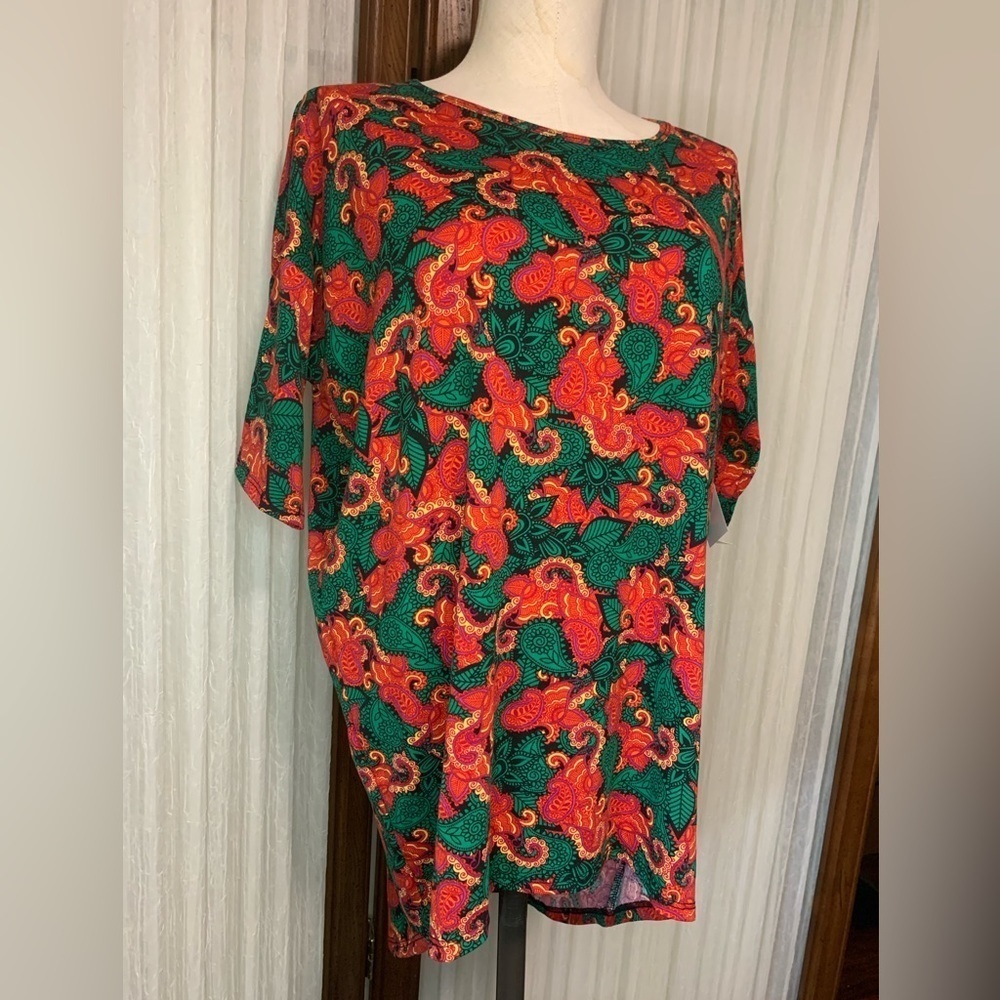 Lularoe Irma - Green Red Paisley Print Tunic Top - Size XS - NWT